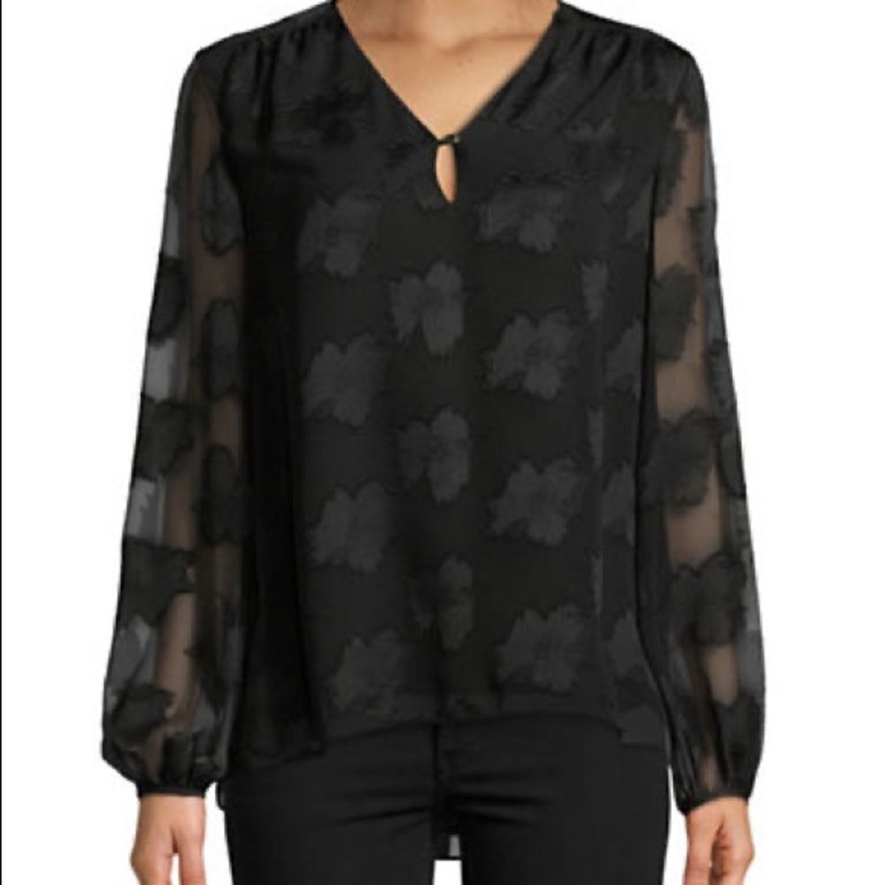 Ellen Tracy Tonal Print Keyhole Blouse-BLACK-Small